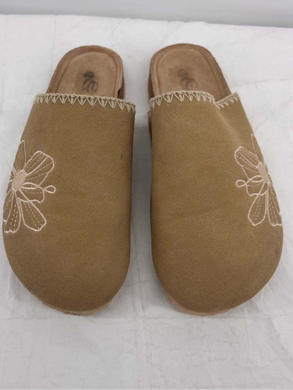 Women's Tan Slip-On Suede Mules with Floral Stitching